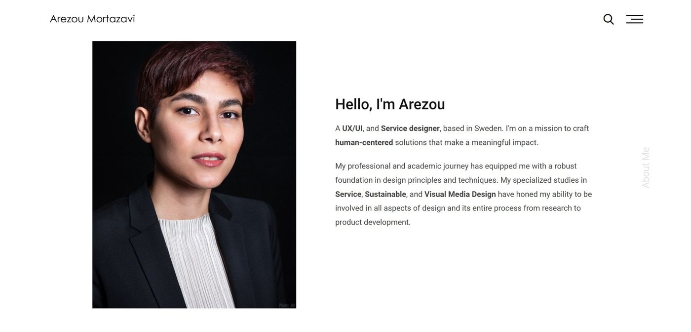 Arezou Mortazavi portfolio 'Hello, I'm Arezou' about section