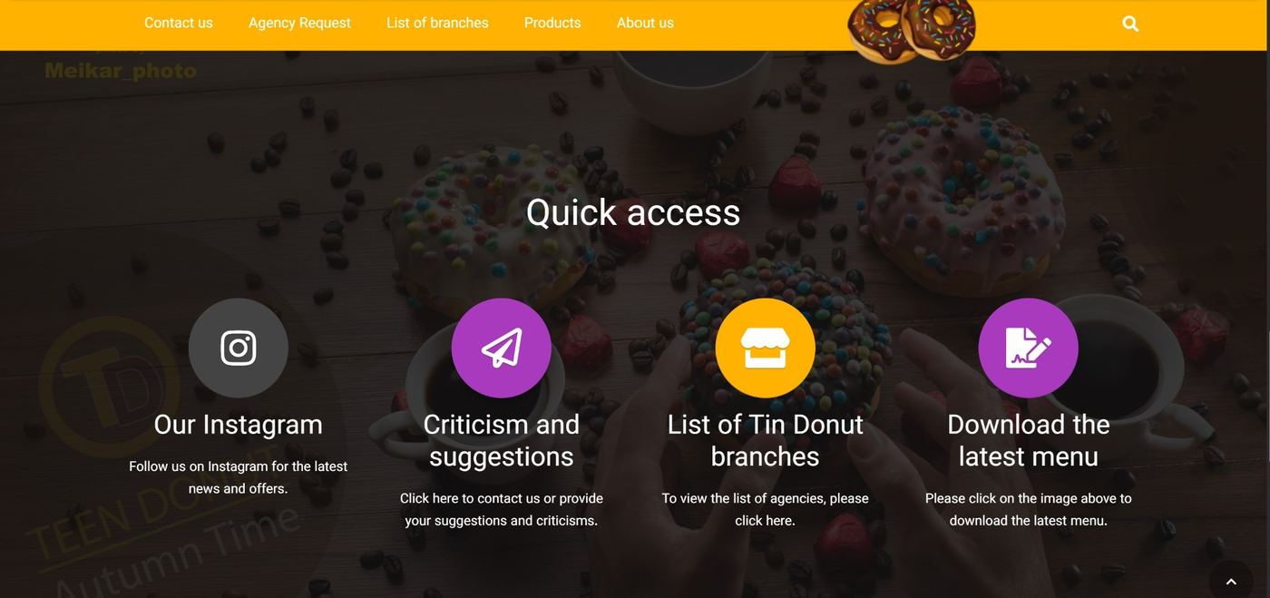 Teen Donut homepage with 'Quick access' shortcuts over a donut photo