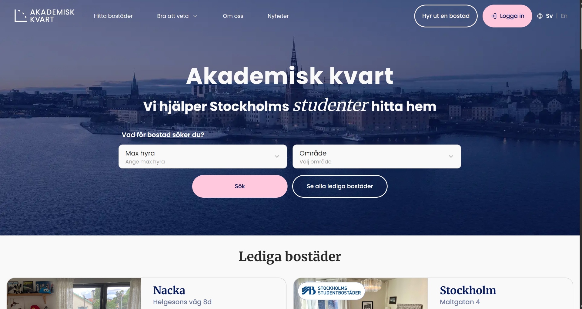Akademisk Kvart homepage with student housing search over a Stockholm skyline