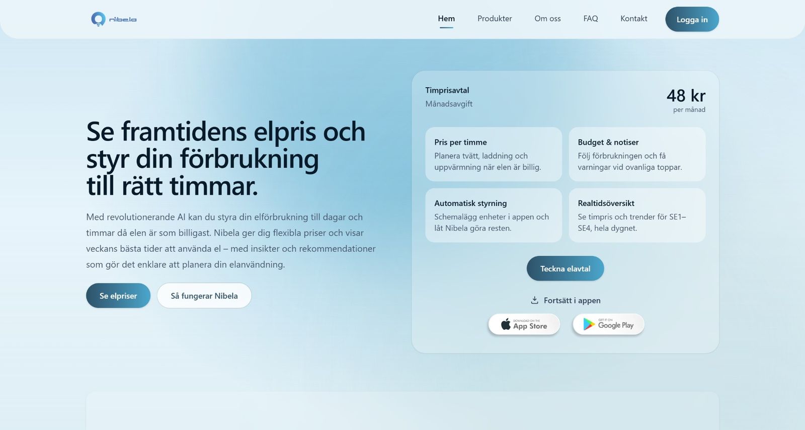 Nibela homepage with future electricity prices and an hourly plan