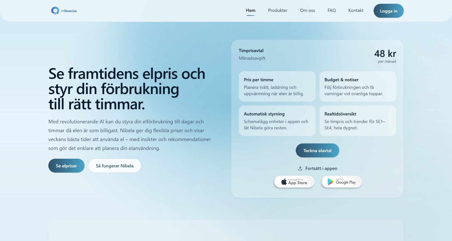 Nibela homepage showing future electricity prices and an hourly-rate plan card