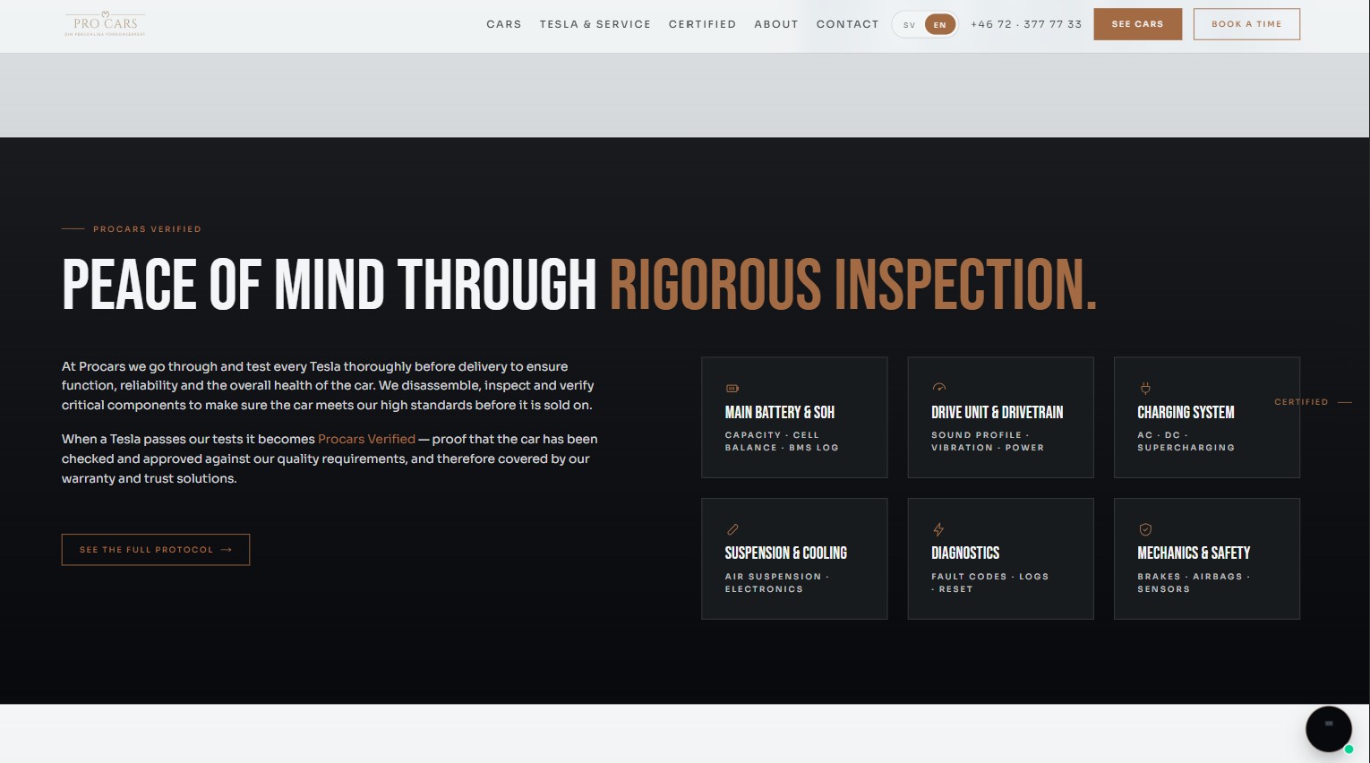 Pro-Cars 'Peace of mind through rigorous inspection' page with Tesla inspection checklist