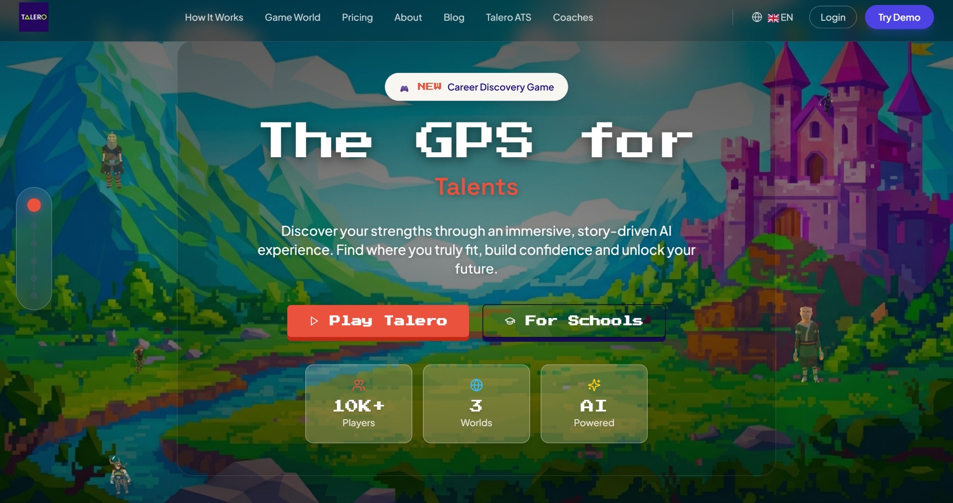 Talero AI 'The GPS for talents' pixel-art game landing page