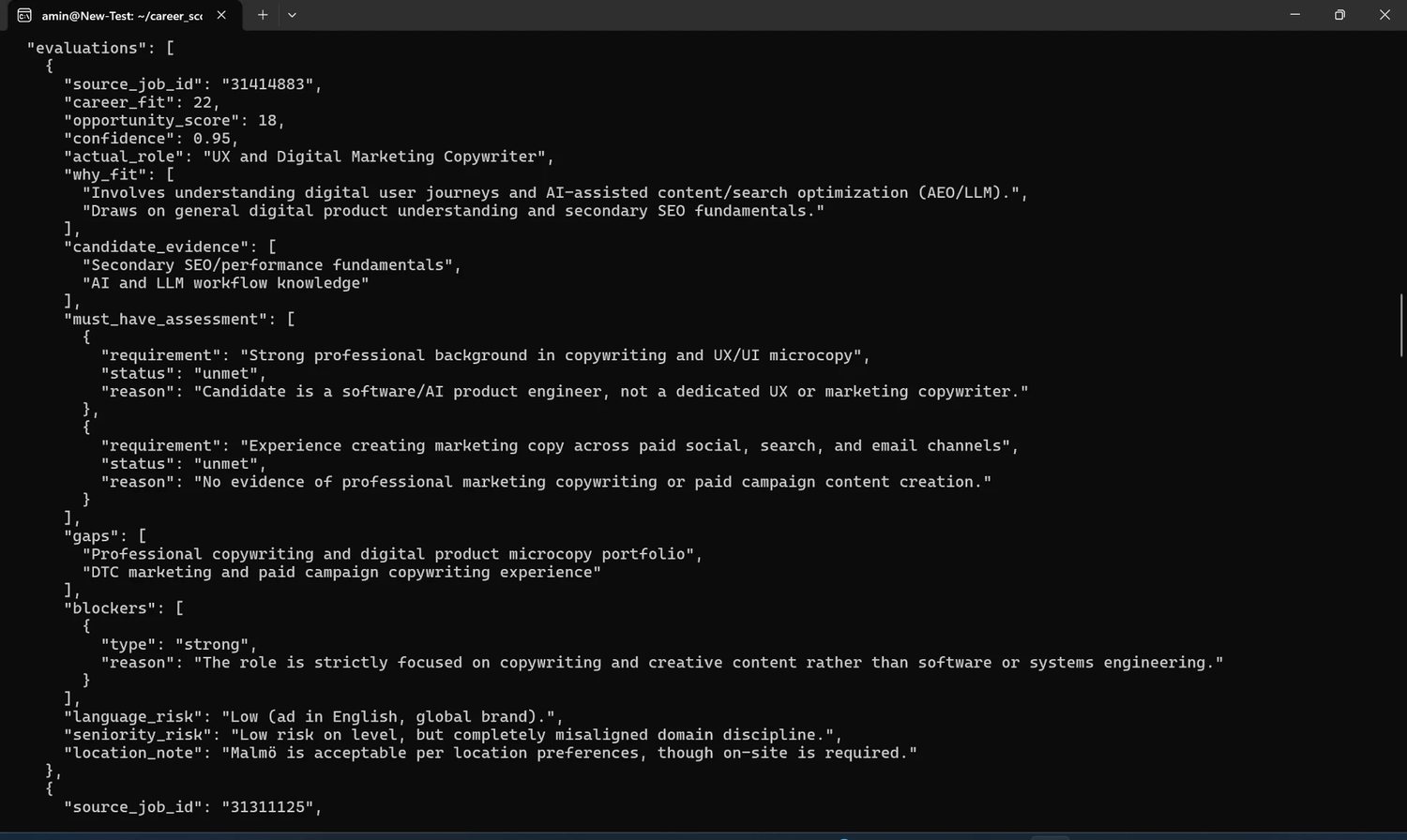 Terminal showing a structured RoleLens evaluation with career_fit, opportunity_score, confidence, actual_role, candidate evidence, must-have assessment, gaps and blockers