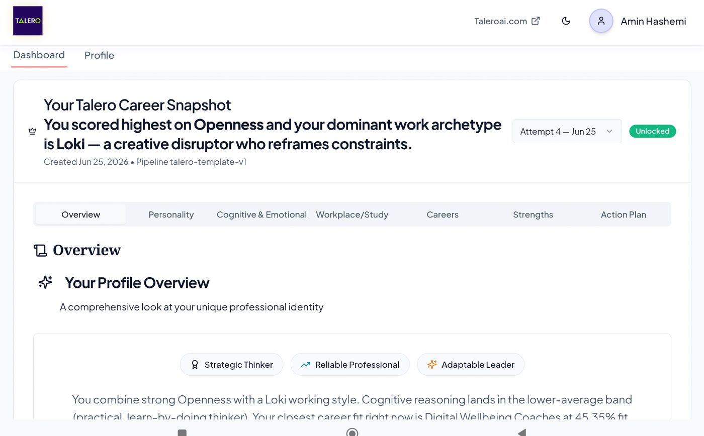 Talero Talents dashboard career snapshot on a tablet