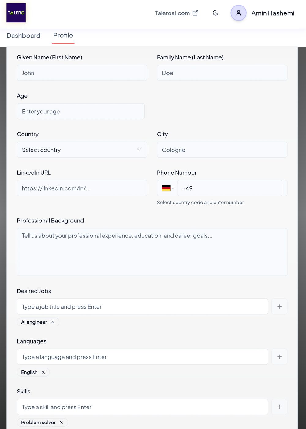 Talero Talents profile form with name, location, LinkedIn, background, desired jobs, languages and skills