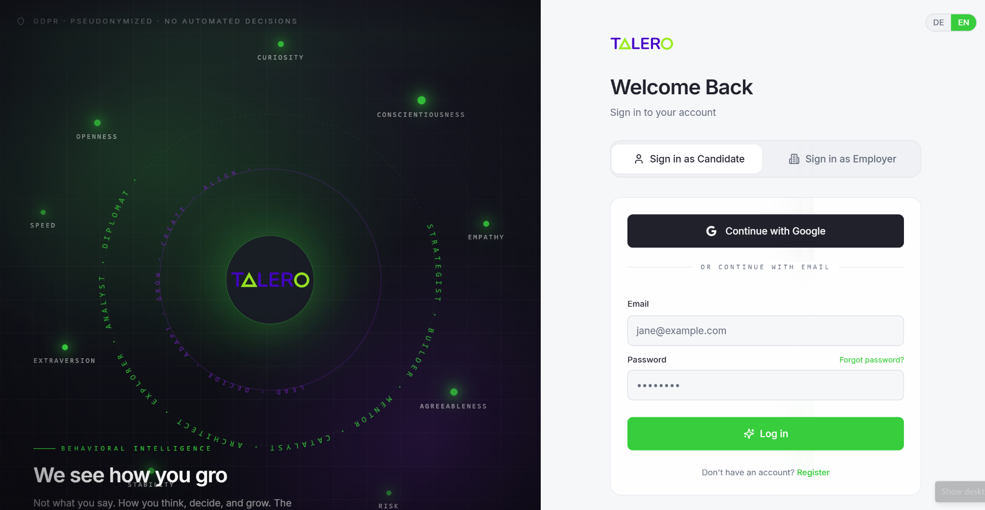 Talero candidate-facing behavioural-intelligence sign-in screen