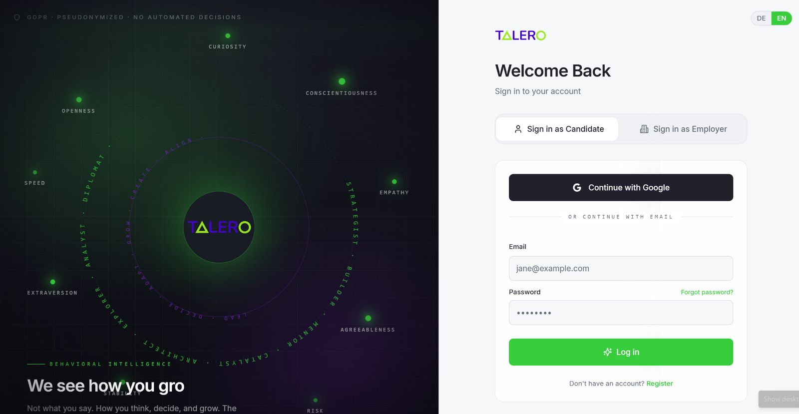 Talero sign-in screen for the candidate assessment
