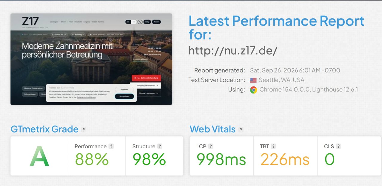 GTmetrix report for the new nu.z17.de: grade A, 88% performance, 98% structure, 998 ms LCP, 226 ms TBT, 0 CLS