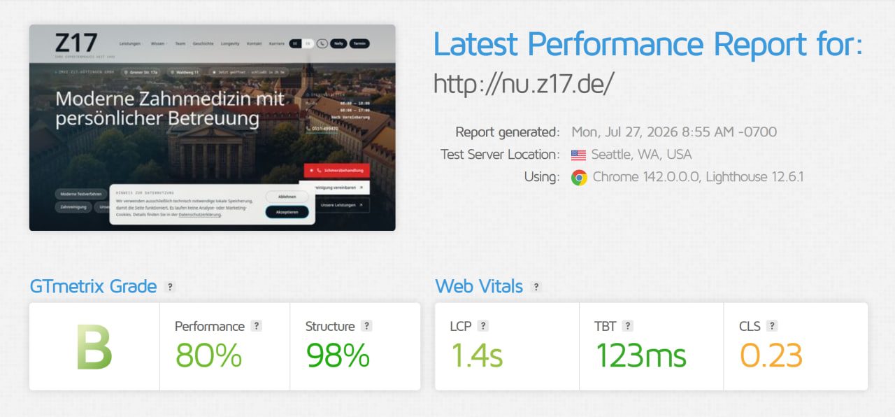 GTmetrix performance report for the rebuilt nu.z17.de: Grade B, 80% performance, 1.4s LCP, 123ms TBT, 0.23 CLS
