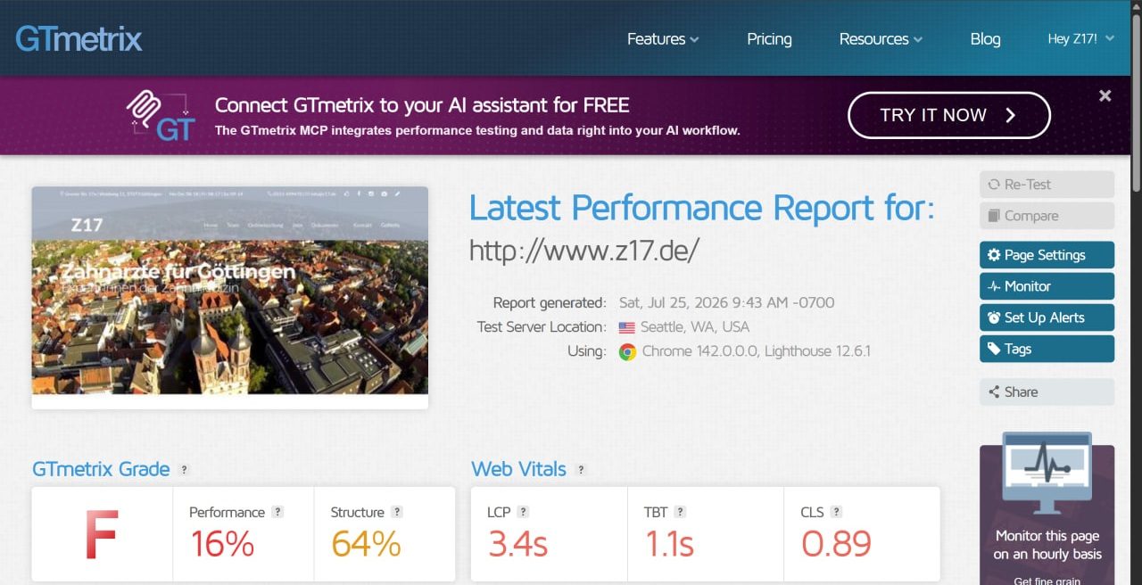 GTmetrix performance report for the legacy www.z17.de: Grade F, 16% performance, 3.4s LCP, 1.1s TBT, 0.89 CLS